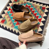 Cross-border factory spot new straight hair birken shoes bean semi slippers flat slip on loafer genuine leather UGG
