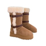 New Thick Sole Boost Knight Boots Leather Belt Buckle Roll-up Shearling Fur All-in-One Snow Boots Fleece Padded High Cylinder Vintage UGG
