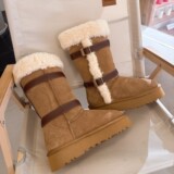 New Thick Sole Boost Knight Boots Leather Belt Buckle Roll-up Shearling Fur All-in-One Snow Boots Fleece Padded High Cylinder Vintage UGG