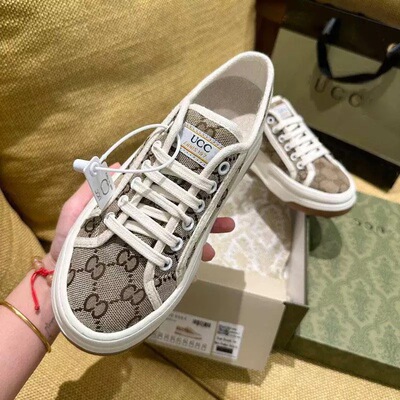 Gucci 1977 Thick Sole Embroidered Canvas White Shoes New Lace Up Plaid Thick Sole Lace Up Round Toe Couple Men and Women Shoes
