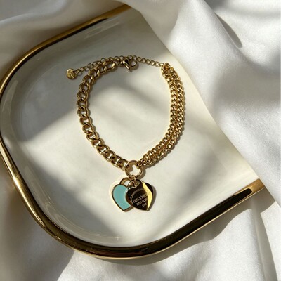 Tiffany Titanium Steel 18k Gold T Home Classic Blue Heart Asymmetric Bracelet Women Fashion Commute Versatile