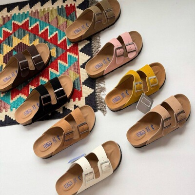 Cross-border cork bottom double belt semi-slip sandals women outer wear lazy Birkenstocks cowhide sandals manufacturers hand out UGG