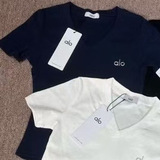 alo 2025 summer high short sleeve t-shirt new bamboo knuckle cotton t-shirt slim collar peach heart top slim version women alo