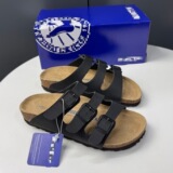 Birken 2026 new leather vintage style Birkenstock women open toe flip-flops three row square buckle platform casual sandal