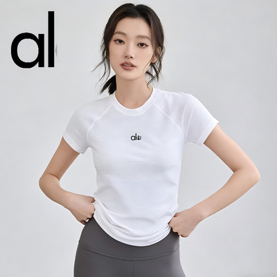 american alo spring summer women high elastic short sleeve quick dry t-shirt breathable pilates gym wear running training sports top