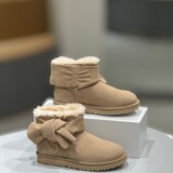 Bow knot fur heightening snow boots women 2026 winter fleece fur one-piece warm slip on padded shoes UGG