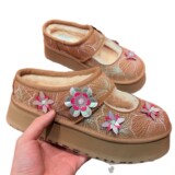 Women's Shoes Cotton Shoes Half Heel Snow Cotton Wool Lining Bea Mary Jane Thickened Outdoor Embroidery Winter UGG