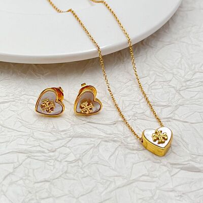 Copper-plated 18K Gold Natural Shell Inlaid Heart-Shaped Stud Earrings Necklace Niche Fashion Sweet Jewelry Set high quality jewelryTB