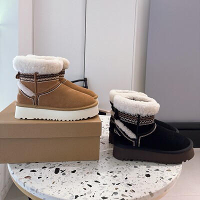 2026 cross-border new outdoor winter short leather wool braided ethnic fleece warm shoes wool snow boots women UGG
