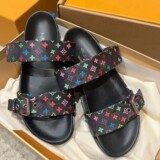 Louis Vuitton 26 Slippers Hook-and-Loop Flat Sandals Floral Sandals Genuine Leather