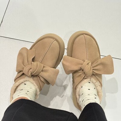 2026 New Cotton Shoes Women Bow Fall Winter Fleece Bag Heels Indoor Home Shoes Thick Sole Warm Snow Boots UGG