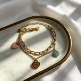 Tiffany Titanium Steel Korean Style Fashion Age Reducing Girl Sense Pink Blue Oil Drip Print Love Pendant Double Layer Bracelet Women