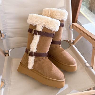 New Thick Sole Boost Knight Boots Leather Belt Buckle Roll-up Shearling Fur All-in-One Snow Boots Fleece Padded High Cylinder Vintage UGG