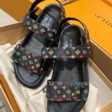 Louis Vuitton 26 Slippers Hook-and-Loop Flat Sandals Floral Sandals Genuine Leather