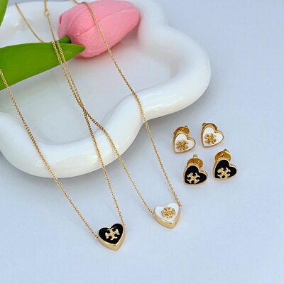 Copper-plated 18K Gold European-American Heart Stud Earrings Necklace Fashion Enamel Glazed Sweet Girls Jewelry Set high quality jewelryTB