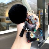 Leather padded kitten key ring creative old flower light luxury women bag pendant cute car pendant small gift