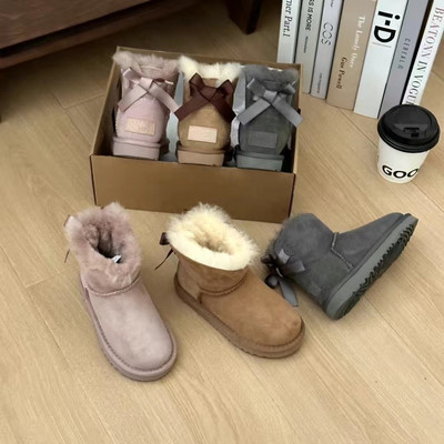2026 Winter Single Silk Band Bow Children's Snow Boots Short Sheepskin Fleece Integrated Thickened Thermal Anti-slip Cotton Shoes UGG