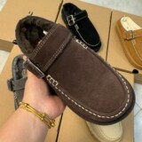 Vintage belt buckle thick bottom fur slippers women autumn outerwear 2026 new brown premium feel fleece bag toe cotton shoes UGG