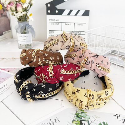 Louis Vuitton European and American style metal chain knotted headband wide edge fabric print headband simple personality vintage old flower hair accessories