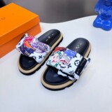 2026 Louis Vuitton New Cartoon Graffiti Slippers Velcro Thick Flip Flops Flat Flops