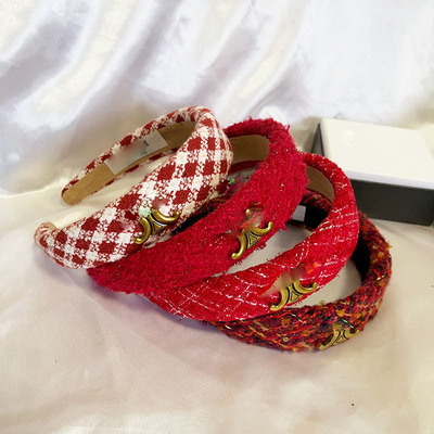 celine New Chinese Red Magenta Chanel Elegant Sponge High Cranial Top Hair Card Age Reducing Girl Retro Headband Hair Accessories
