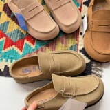 Cross-border factory spot new straight hair birken shoes bean semi slippers flat slip on loafer genuine leather UGG