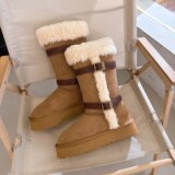New Thick Sole Boost Knight Boots Leather Belt Buckle Roll-up Shearling Fur All-in-One Snow Boots Fleece Padded High Cylinder Vintage UGG