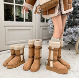 New Thick Sole Boost Knight Boots Leather Belt Buckle Roll-up Shearling Fur All-in-One Snow Boots Fleece Padded High Cylinder Vintage UGG