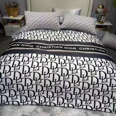 Dior Foreign Trade Fashion Brand Light Luxury Premium Ice Silk Four-Piece Set Washed Silk Quilt Cover Bed Sheet Bed Sheet Big Brand Exit