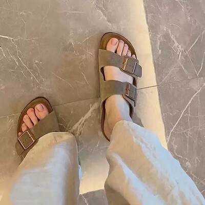 Birken All Cowhide Birken 2025 Summer Vintage Genuine Leather Cork Flat Sandal Unisex Couple Same Line Sandal Slipper