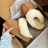 New Chisoi thick-soled slippers women's sheepskin fur one-piece high shoes genuine leather thickened cowhide outdoor non-slip sole UGG
