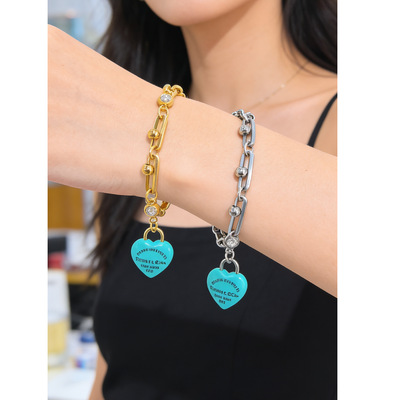 Tiffany Titanium Steel 18K Gold Blue Pink Resin Printed Love Handmade Chain Bracelet Women's Niche Premium Korean Style Hand Ornament
