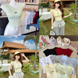 alo gentle macaron shoulder short sleeve top with chest pad dopamine back candy colored American babe top