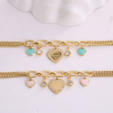 Tiffany Titanium Steel Korean Edition 18k Gold Blue Pink Drip Oil Heart Diamond Double Layer Chain Stitching Premium Bracelet Women