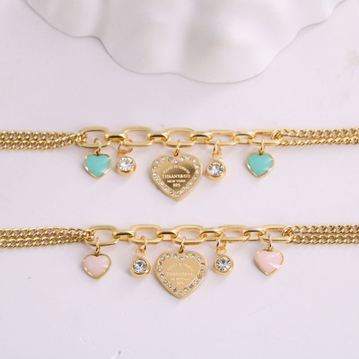 Tiffany Titanium Steel Korean Edition 18k Gold Blue Pink Drip Oil Heart Diamond Double Layer Chain Stitching Premium Bracelet Women