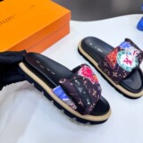 2026 Louis Vuitton New Cartoon Graffiti Slippers Velcro Thick Flip Flops Flat Flops