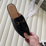 Gucci foreign trade real wool slippers women outerwear flat mule bag toe half slippers Gucci horse buckle small leather shoes women