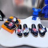 2026 Louis Vuitton New Cartoon Graffiti Slippers Velcro Thick Flip Flops Flat Flops