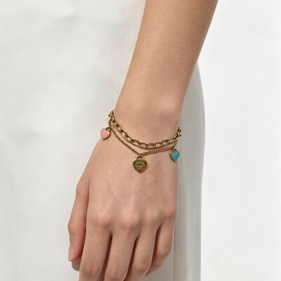 Tiffany Titanium Steel Korean Style Fashion Age Reducing Girl Sense Pink Blue Oil Drip Print Love Pendant Double Layer Bracelet Women