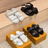Louis Vuitton 26 Slippers Hook-and-Loop Flat Sandals Floral Sandals Genuine Leather
