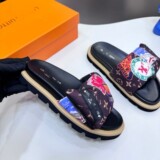 2026 Louis Vuitton New Cartoon Graffiti Slippers Velcro Thick Flip Flops Flat Flops