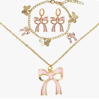 Fresh Sweet Bow Necklace Earring Set Bow Bracelet Creative Set