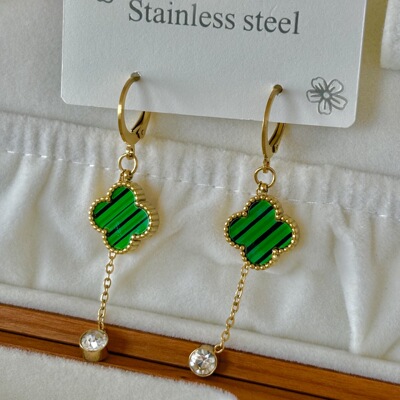 Brand Lucky Grass Titanium Steel Earrings Chain Fringe Zircon Earrings Black White Green Four Leaf Clover Earrings