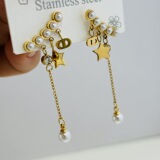 Dior Stainless Steel Pig Nose Earrings Pearl Star Fringe Stud Earrings Big Brand Colorless Earrings