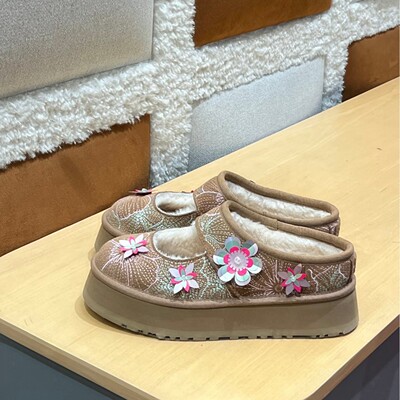 Women's Shoes Cotton Shoes Half Heel Snow Cotton Wool Lining Bea Mary Jane Thickened Outdoor Embroidery Winter UGG
