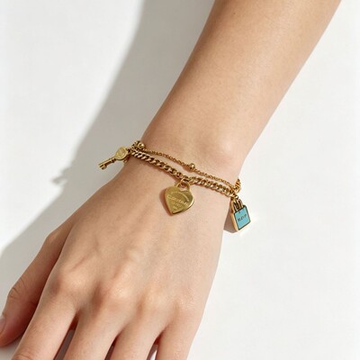 Tiffany Titanium Steel 18k Gold Blue Drip Bag Heart Key Double Layer Bracelet Women Celebrity Lady Style