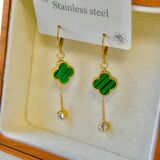 Brand Lucky Grass Titanium Steel Earrings Chain Fringe Zircon Earrings Black White Green Four Leaf Clover Earrings
