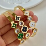 New Titanium Steel Four Leaf Clover Read Zircon Bracelet Stretch Shell Black Green Opening Bracelet Premium Design