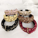 Louis Vuitton European and American style metal chain knotted headband wide edge fabric print headband simple personality vintage old flower hair accessories