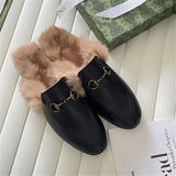 Gucci foreign trade real wool slippers women outerwear flat mule bag toe half slippers Gucci horse buckle small leather shoes women